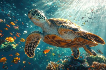 Obraz premium Sea Turtle Gracefully Swimming Amidst Vibrant Coral Reef