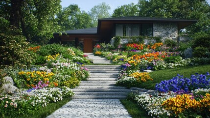 Obraz premium Modern home, lush spring garden, stone steps, forest background; landscaping design
