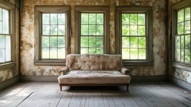 A worn-out, abandoned room with cracked walls and faded textures, capturing the haunting atmosphere of neglect and decay.