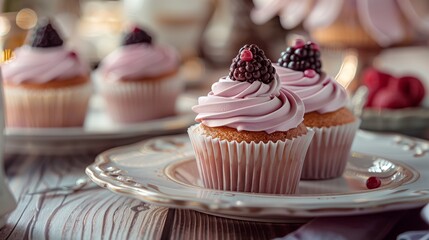 close-up cupcakes pink frosting blackberry decoration elegant plate soft light bokeh background