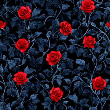 A seamless pattern of red roses with dark blue leaves, gothic style, dark background, goth art, vector illustration, digital painting, high resolution, high detail, gothic digital art, vector 