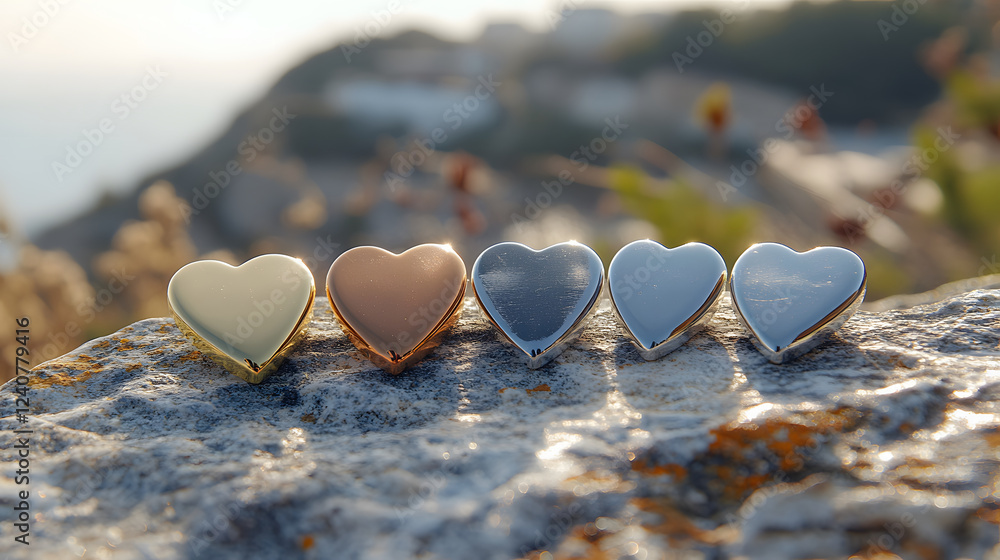 Aufkleber five heart-shaped rings in different metals resting on a rock, with a scenic backdrop of hills and c