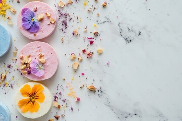 Colorful yogurt discs adorned with edible flowers and toppings,