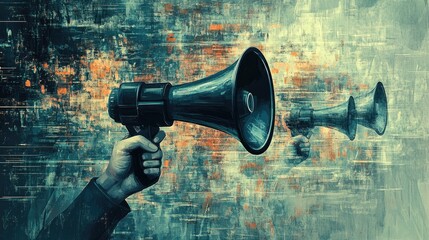 An abstract art piece depicting a hand holding megaphones, representing the spread of misinformation, against a digital background of technology and chaos.