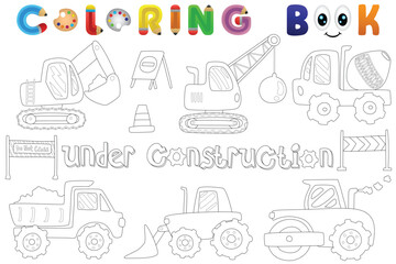 Fototapeta premium Coloring book of construction vehicles, vector catoon illustration