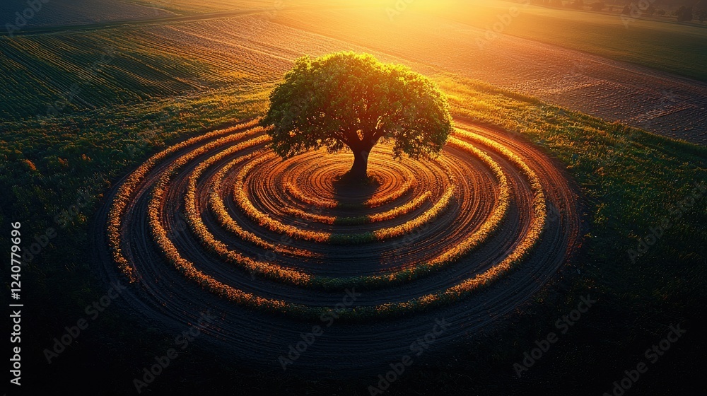 Poster solitary tree centered in concentric circular field rows