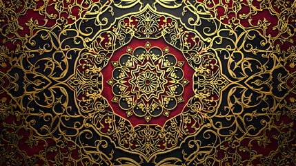 Intricate golden floral pattern on a deep red background, showcasing ornate design elements
