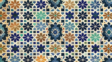 Intricate geometric pattern featuring colorful floral designs on a light background, ideal for textiles