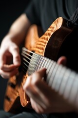 Fototapeta premium Close-up of a musician's fingers expertly strumming a guitar with visible string vibrations