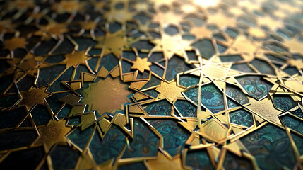 Intricate geometric patterns of gold and turquoise tiles in a decorative architectural design