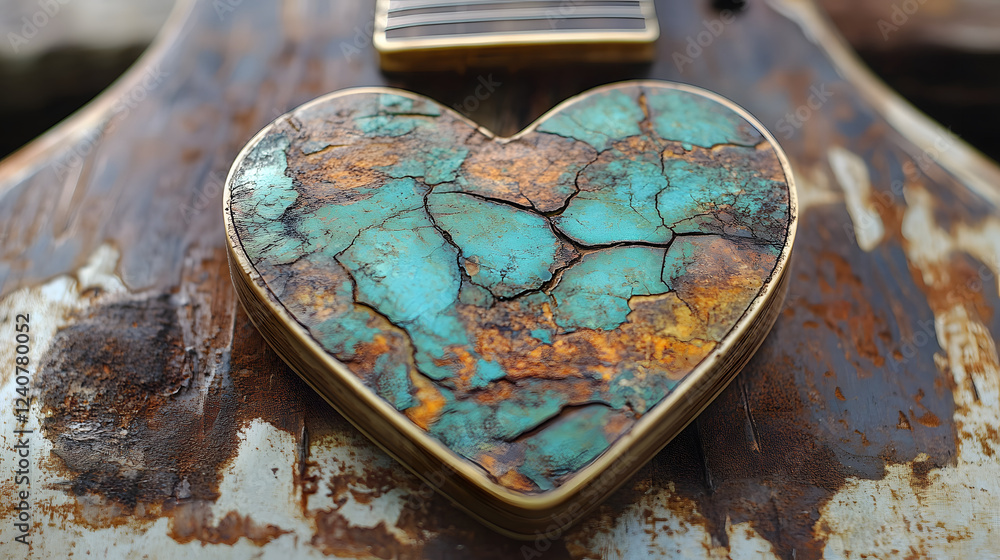 Poster A close-up of a heart-shaped turquoise inlay showcasing natural patterns and a rustic surface, highlighting the beauty of crafted materials