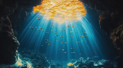 Obraz premium Underwater cave sunbeams fish reef ocean