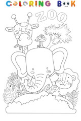 Coloring book of funny animals cartoon, vector illustration