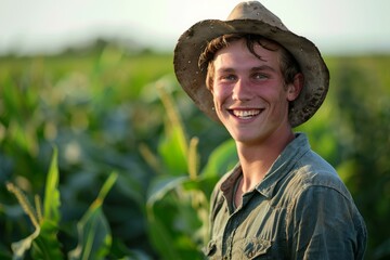 Portrait of a cheerful young farmer smiling in his corn field