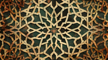 Intricate geometric pattern featuring aged wood and teal background, suitable for art or design projects
