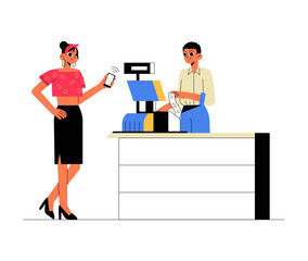 Cashier And Female Customer At Store Checkout, Flat Vector Illustration Symbolizing Retail Shopping, Payment Processing, And Customer Service, Isolated On White Background