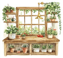 Cozy Indoor Garden with Plants on a Wooden Shelf Near Window