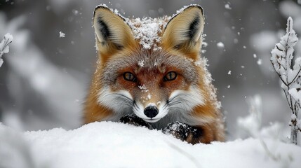 A beautiful red fox peeks from a snowy landscape, surrounded by falling snowflakes, showcasing its vibrant fur against a serene winter backdrop.
