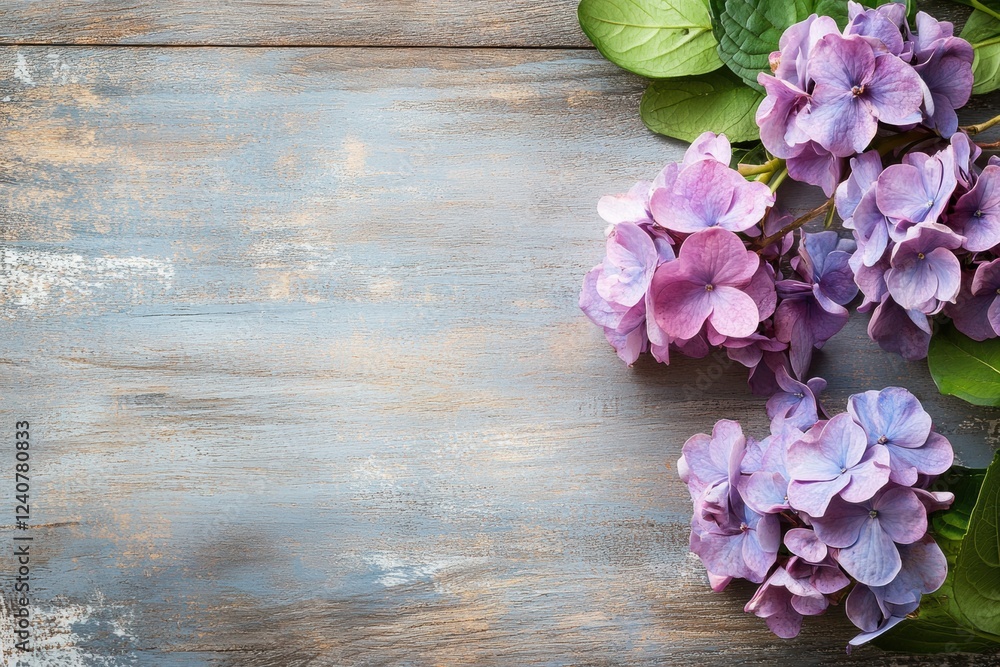 Leinwandbilder beautiful purple hydrangea flowers on rustic wooden background with empty space for text or design p