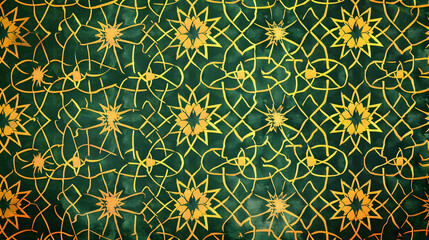 Intricate green and gold patterned fabric showcasing floral and geometric designs, ideal for textile use