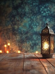 Ornate Metal Lantern with Warm Candlelight on Rustic Wooden Table