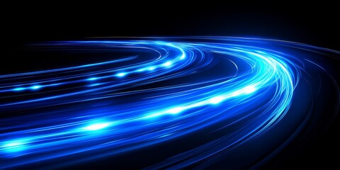 Blue Light Streaks in Circular Motion on Black Background, Abstract Speed and Motion Graphic Design