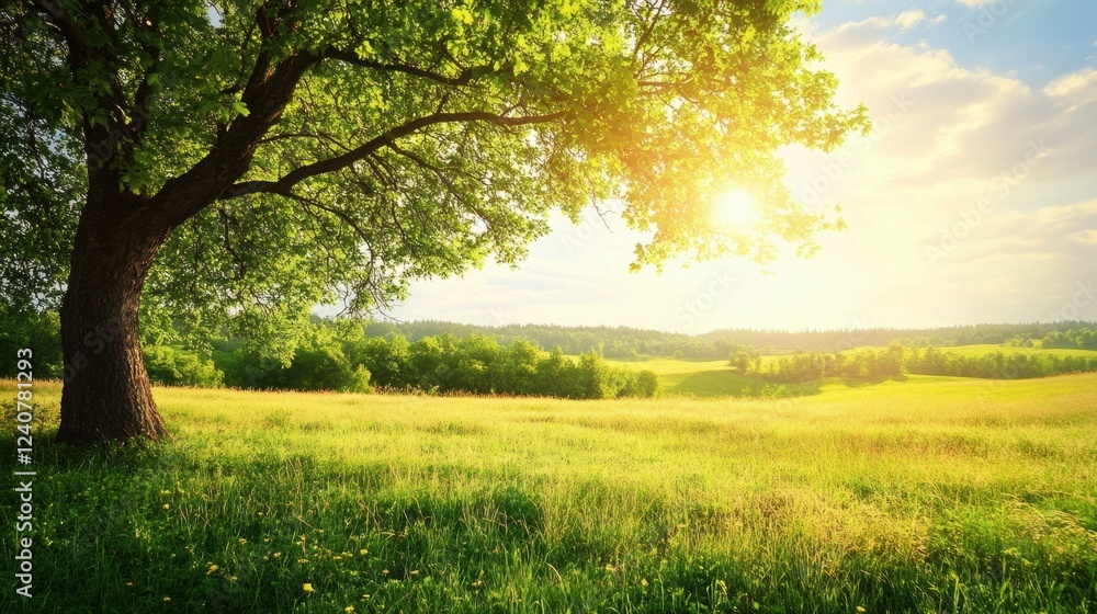 Poster breathtaking view of sunlit meadow with vibrant greenery and distant hills during daytime in a seren