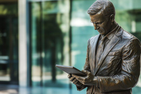 A bronze statue of a businessman in a suit, holding and reading a tablet computer outside an office building.