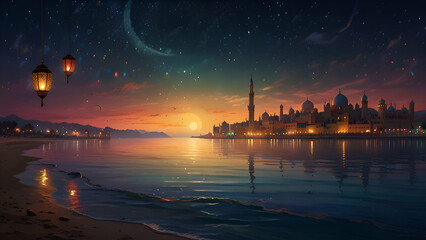 A magical Ramadan night scene with the soft glow of lanterns, the crescent moon above, and gentle waves of colorful lights illuminating the peaceful landscape.