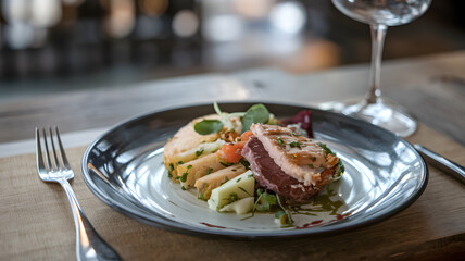 A fork placed next to a dinner plate.