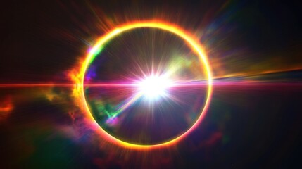 Fototapeta premium An intense circular sun flare emitting radiant beams and rainbow colors, creating an awe-inspiring effect on a black surface in the background.
