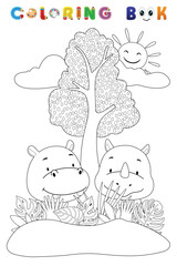Coloring book of rhino and hippo under tree, vector catoon illustration