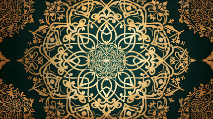 Intricate golden mandala design on a dark green background, showcasing detailed patterns and symmetry
