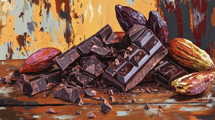 An open chocolate bar with pieces of dark chocolate spilling onto a wooden surface, while cocoa pods provide a rustic backdrop.