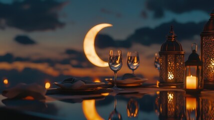 Romantic Dinner Setting under a Crescent Moon at Twilight
