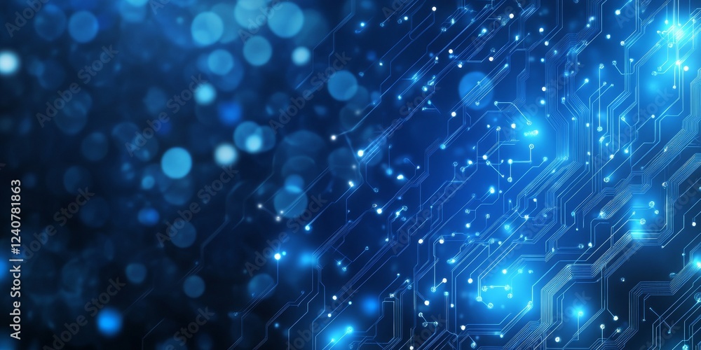 Aufkleber futuristic blue tech background with flowing pattern of digital circuits and bright light points