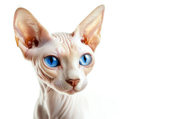 Close-up portrait of a hairless cat of the Sphynx breed with blue eyes. Isolated on a white background. Copy space. Generative AI.