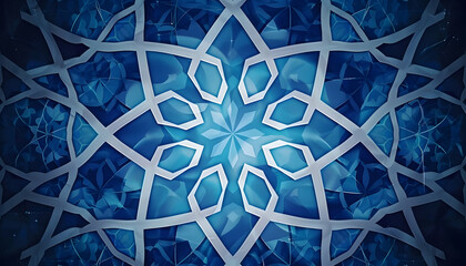 Intricate blue geometric pattern resembling a snowflake, set against a dark starry background
