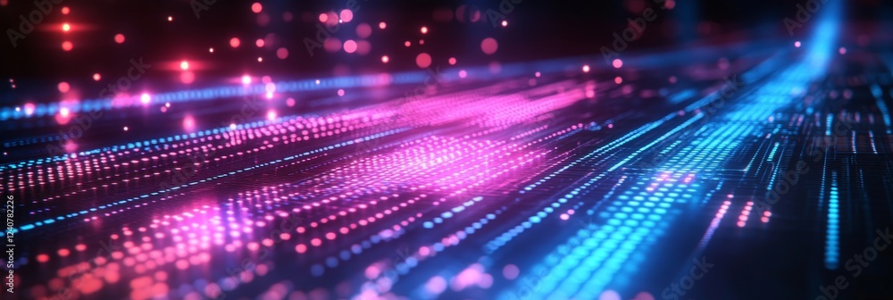 Poster abstract neon lines, futuristic technology background with glowing dots and digital circuitry