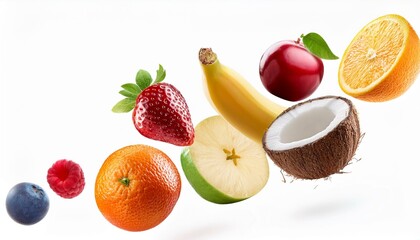Naklejka premium different fruits flying isolated on white background transparent