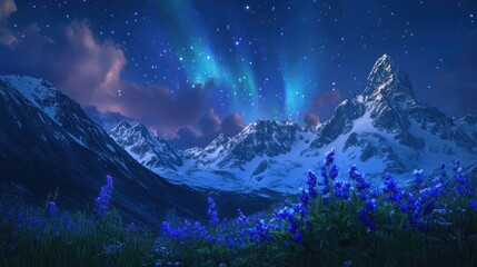 Blue wildflowers in the foreground, as the spring aurora lights up the sky above snow-capped mountain peaks.