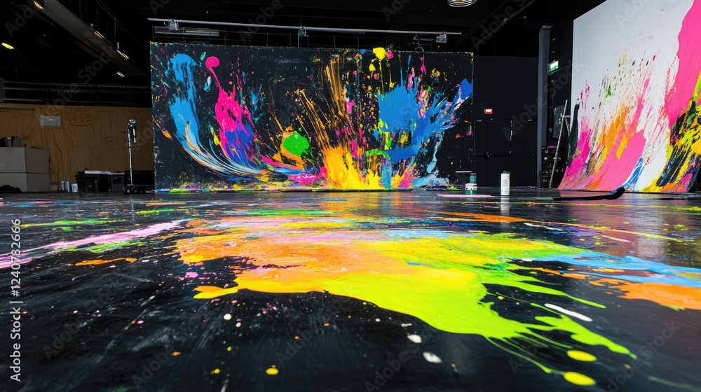 Poster Bright, bold paint splashes in multiple colors create an energetic and artistic abstract scene on a dark black studio floor.