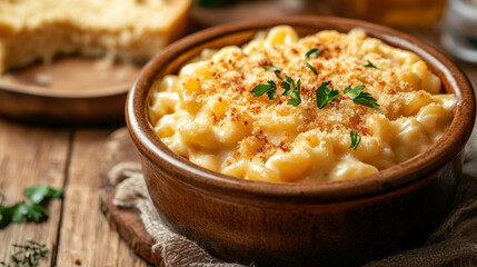 "Creamy macaroni and cheese served in a rustic bowl, set in a warm, inviting environment, highlighting the texture and richness of the dish in professional food photography."


