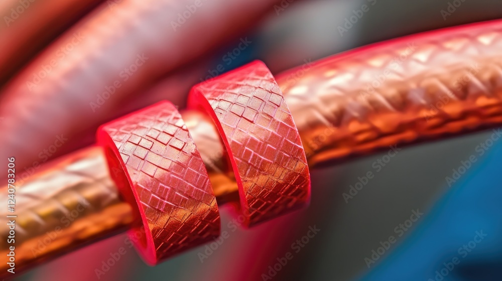 Poster close-up shot of two copper wires twisted together and insulated with bright red electrical tape, sh