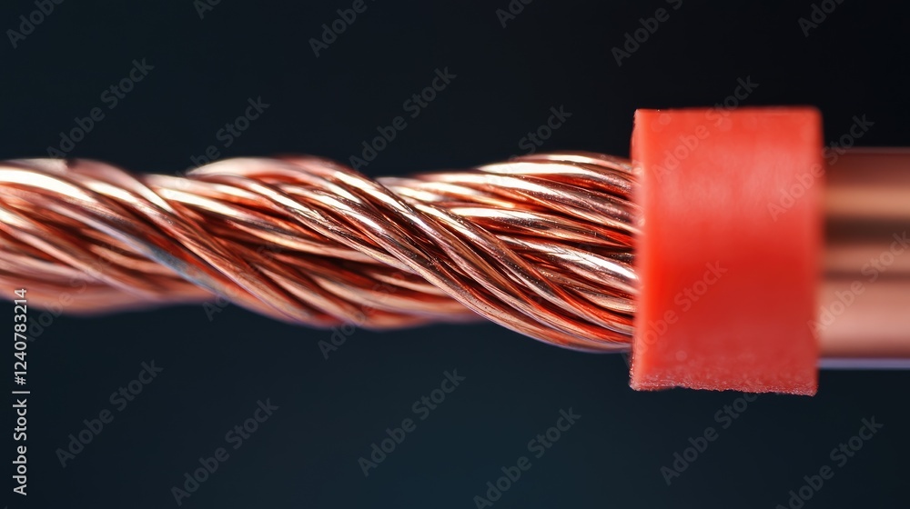 Poster close-up shot of two copper wires twisted together and insulated with bright red electrical tape, sh