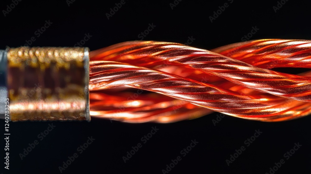 Poster close-up shot of two copper wires twisted together and insulated with bright red electrical tape, sh