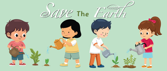 Group of kids watering plant