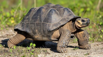 Obraz premium A tortoise moves slowly across a natural setting, showcasing its distinctive shell and textured skin against a backdrop of greenery.
