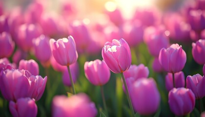 Field of Vibrant Pink Tulips in Bloom, Bathed in Soft Sunlight, Selective Focus, Springtime Beauty