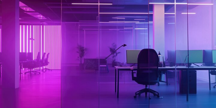 Blurred office copyspace background with desk and chair with pink and yellow neon lights AI generative image.